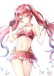 Rule 34 | 1girl, atoatto, bikini, blush, breasts, fire emblem, fire emblem awakening, fire emblem heroes, gloves, long hair, medium breasts, navel, nintendo, open mouth, red eyes, red hair, severa (fire emblem), simple background, smile, solo, standing, swimsuit, twintails, white background