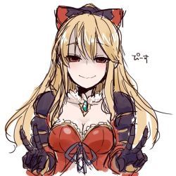Rule 34 | 10s, 1girl, bad id, bad twitter id, black bow, blonde hair, blush, bow, breasts, cleavage, collarbone, double v, dress, empty eyes, granblue fantasy, hair bow, long hair, looking at viewer, purple ribbon, red dress, red eyes, ribbon, sherad, shoulder pads, simple background, smile, solo, upper body, v, vira (granblue fantasy), white background