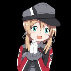 Rule 34 | 10s, 1girl, :d, anchor hair ornament, animated, animated gif, bad id, bad nicoseiga id, blonde hair, blue eyes, blush, cross, gloves, hair ornament, hangaku, hat, iron cross, kantai collection, long hair, military, military uniform, open mouth, own hands together, peaked cap, prinz eugen (kancolle), smile, solo, transparent background, twintails, uniform, white gloves