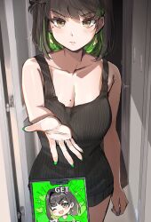 Rule 34 | 1girl, black hair, black tank top, blue nails, breasts, brown eyes, cellphone, colored inner hair, commentary, cracked screen, doorway, earrings, english commentary, green hair, green nails, hallway, highres, jewelry, looking at viewer, miru (ormille), mole, mole on breast, mole under eye, multicolored hair, original, ormille, phone, pov doorway, short hair, shorts, smartphone, solo focus, standing, tank top, two-tone hair