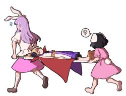 Rule 34 | 3girls, animal ears, barefoot, black hair, blonde hair, carrying, commentary request, dress, earmuffs, faceless, flying sweatdrops, inaba tewi, kneehighs, long hair, lying, mefomefo, multiple girls, on back, pink dress, pink skirt, pointy hair, puffy short sleeves, puffy sleeves, purple hair, purple skirt, rabbit ears, rabbit tail, reisen udongein inaba, sandals, scribble, shoes, short hair, short sleeves, simple background, skirt, sleeveless, socks, spanish commentary, speech bubble, stretcher, tail, touhou, toyosatomimi no miko, white background