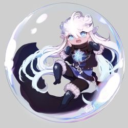 Rule 34 | 00s, 1boy, belt, blue eyes, blush, boots, bubble, cape, chain, chibi, diamond (shape), dungeon and fighter, floating, full body, fur trim, gem, glacial master, grey background, hair between eyes, hands on own cheeks, hands on own face, highres, long hair, male focus, male mage (dungeon and fighter), nose blush, open mouth, orig14, pointy ears, signature, simple background, snowflakes, solo, sveid, very long hair, white hair