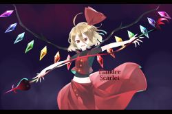 Rule 34 | ahoge, black shirt, blonde hair, bow, buttons, character name, cowboy shot, flandre scarlet, hair between eyes, hair bow, highres, jewelry, laevatein, midriff, navel, no headwear, o (crazyoton46), open mouth, red eyes, red skirt, red vest, shirt, short hair, skirt, solo, touhou, vest, wings