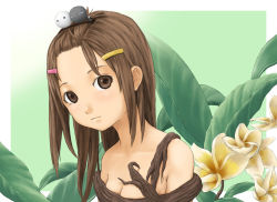 Rule 34 | 1girl, bad id, bad pixiv id, bare shoulders, brown eyes, brown hair, female focus, flower, hair ornament, hairclip, leaf, long hair, nature, original, plant roots, solo, ss39