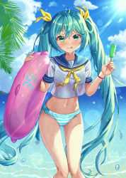 Rule 34 | 1girl, :q, absurdres, ahoge, aqua bikini, aqua hair, bikini, bikini under clothes, blue sailor collar, blush, closed mouth, cloud, commentary request, crop top, day, feet out of frame, food, gluteal fold, green eyes, groin, hair ribbon, happycloud, hatsune miku, highres, holding, holding food, innertube, light rays, long hair, looking at viewer, navel, neckerchief, no pants, ocean, palm tree, popsicle, ribbon, sailor collar, sailor shirt, see-through, shirt, short hair, smile, solo, standing, stomach, striped bikini, striped clothes, sunbeam, sunlight, swim ring, swimsuit, tongue, tongue out, tree, twintails, very long hair, vocaloid, water, white shirt, wristband, yellow neckerchief, yellow ribbon