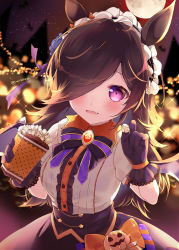 Rule 34 | 1girl, animal ears, black gloves, black skirt, blush, brown hair, buttons, demon wings, fang, food, gloves, hair over one eye, halloween, halloween costume, highres, holding, holding food, horse ears, horse girl, long hair, mikeou, official alternate costume, open mouth, popcorn, puffy short sleeves, puffy sleeves, purple eyes, rice shower (make up vampire!) (umamusume), rice shower (umamusume), shirt, short sleeves, skirt, solo, twitter username, umamusume, upper body, white shirt, wings