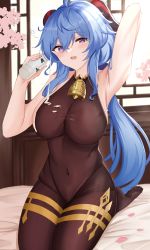 Rule 34 | 1girl, absurdres, ahoge, bare shoulders, bell, blue hair, blush, bodystocking, breasts, brown pantyhose, ganyu (genshin impact), genshin impact, highres, horns, kuro (blackpgmickey), large breasts, long hair, looking at viewer, open mouth, pantyhose, purple eyes, solo, thighs