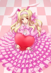 Rule 34 | 1girl, animal ears, blonde hair, bow, bowtie, checkered floor, dress, eyelashes, floor, frilled dress, frills, from above, gathers, h kasei, hair bow, hairband, heart, heart-shaped pillow, long hair, hugging object, original, pillow, pink dress, rabbit ears, red eyes, solo, too many