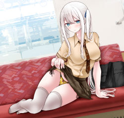 Rule 34 | 1girl, arm support, bad id, bad twitter id, bag, blue eyes, blue ribbon, blush, breasts, brown skirt, clothes lift, feet, full body, grey hair, grey thighhighs, hair ribbon, highres, large breasts, leaning to the side, legs, lifted by self, long hair, looking at viewer, necktie, no shoes, oouso, original, panties, pleated skirt, ribbon, school bag, school uniform, short sleeves, side-tie panties, side ponytail, sidelocks, sitting, skindentation, skirt, skirt lift, solo, sweatdrop, swept bangs, thighhighs, thighs, train interior, two side up, underwear, white hair, white thighhighs, yellow panties, yokozuwari