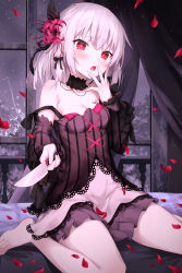 Rule 34 | 1girl, absurdres, bare legs, barefoot, blush, breasts, chiyuu (virtuareal), choker, devil heavens, dress, feet, gothic lolita, hair ornament, heart, heart-shaped pupils, highres, indoors, knife, lolita fashion, medium hair, nijisanji, on bed, open mouth, petals, red eyes, silver hair, sitting, small breasts, solo, symbol-shaped pupils, toes, virtual youtuber, virtuareal, wariza, window