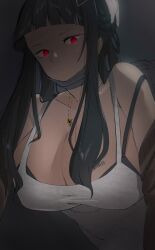 Rule 34 | 1girl, absurdres, barcode, barcode tattoo, bare shoulders, black hair, blunt bangs, breasts, cleavage, d (killer wife) (nikke), d (nikke), fujisaki subaru, goddess of victory: nikke, highres, jewelry, long hair, looking at viewer, mask, mask pull, mouth mask, necklace, red eyes, solo, tattoo