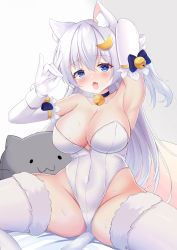 Rule 34 | 1girl, :3, absurdres, animal ear fluff, animal ears, arm behind head, arm up, armband, armpits, bare shoulders, bell, blue bow, blue eyes, blush, bow, breasts, cat ears, cat girl, cat tail, closed mouth, collar, collarbone, commentary request, covered navel, crescent, crescent hair ornament, cushion, elbow gloves, fang, fox shadow puppet, fur trim, gloves, grey hair, hair between eyes, hair ornament, heart, heart-shaped pupils, highleg, highres, jingle bell, kurashina yuzuki, large breasts, leotard, long hair, looking at viewer, open mouth, original, simple background, sitting, skin fang, solo, spread legs, strapless, strapless leotard, stuffed animal, stuffed cat, stuffed toy, sweat, symbol-shaped pupils, tail, thighhighs, thighs, white background, white gloves, white hair, white leotard, white thighhighs, wrist cuffs