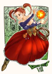 Rule 34 | 1girl, bare shoulders, breasts, brown eyes, brown hair, cleavage, closed mouth, corset, dragon quest, dragon quest viii, dress, earrings, highres, jessica albert, jewelry, large breasts, long hair, magic, riku (ukir125), smile, solo, twintails