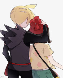 Rule 34 | 1boy, 1girl, ahoge, bad id, bad twitter id, bag, beanie, black pants, blonde hair, brown hair, commentary request, creatures (company), fanny pack, floral print, from behind, game freak, gladion (pokemon), green shorts, hand on another&#039;s head, hand up, hat, highres, hood, hood down, hoodie, long sleeves, medium hair, nintendo, pants, pokemon, pokemon sm, red bag, red headwear, selene (pokemon), shirt, short hair, short sleeves, shorts, shoulder bag, tere asahi, torn clothes, torn hoodie, white background, yellow shirt