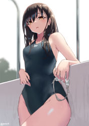 Rule 34 | 1girl, bare shoulders, black hair, black one-piece swimsuit, blush, breasts, brown eyes, competition swimsuit, goggles, unworn goggles, jonsun, long hair, looking at viewer, medium breasts, one-piece swimsuit, open mouth, original, solo, swimsuit, wet