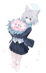 Rule 34 | 1girl, absurdres, animal ear fluff, animal ears, black jacket, black skirt, blue archive, blue eyes, blue halo, blue scarf, blush, bouquet, cross hair ornament, echj, extra ears, feet out of frame, flower, grey hair, hair ornament, halo, highres, holding, holding bouquet, jacket, long sleeves, medium hair, open mouth, pink flower, pleated skirt, scarf, shiroko (blue archive), shirt, simple background, skirt, smile, solo, white background, white shirt, wolf ears