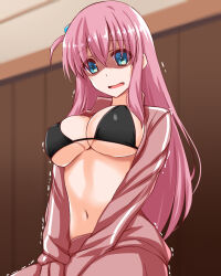 Rule 34 | 1girl, bikini, bikini under clothes, black bikini, blue eyes, blurry, blurry background, bocchi the rock!, breasts, cube hair ornament, depth of field, engo (aquawatery), frown, gotoh hitori, hair ornament, highres, indoors, jacket, large breasts, long hair, looking at viewer, navel, one side up, open mouth, open pants, pants, pink hair, pink jacket, pink pants, single vertical stripe, solo, swimsuit, track jacket, track pants, trembling, v arms