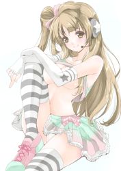 Rule 34 | 10s, 1girl, blush, breasts, brown hair, cheerleader, frapowa, headphones, long hair, love live!, love live! school idol project, minami kotori, pale color, panties, simple background, skirt, smile, solo, striped clothes, striped thighhighs, takaramonozu, thighhighs, underwear, white background