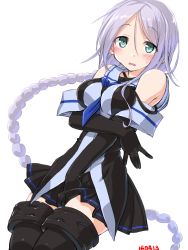Rule 34 | 10s, 1girl, aqua eyes, bare shoulders, black gloves, black skirt, blue neckerchief, braid, breast hold, breasts, collared shirt, dd (ijigendd), detached sleeves, elbow gloves, gloves, hair tie, kantai collection, long hair, looking at viewer, medium breasts, mole, mole under eye, neckerchief, numbered, open mouth, parted bangs, pleated skirt, school uniform, shirt, silver hair, single braid, skirt, sleeveless, sleeveless shirt, solo, umikaze (kancolle), very long hair