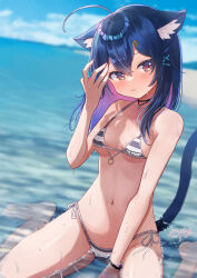Rule 34 | 1girl, animal ear fluff, animal ears, bikini, blue hair, breasts, cat ears, cat girl, cat tail, colored inner hair, commission, highres, long hair, looking at viewer, multicolored hair, navel, ocean, partially submerged, purple hair, sese nagi, skeb commission, small breasts, stomach, striped bikini, striped clothes, swimsuit, tail, vrchat, water, wet