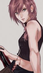 Rule 34 | 1girl, bare shoulders, black shirt, blue eyes, commentary request, final fantasy, final fantasy xiii, grey background, hair between eyes, highres, holding, holding weapon, lightning farron, midriff, oone0206, parted lips, pink hair, pink lips, shirt, sleeveless, sleeveless shirt, turtleneck, weapon