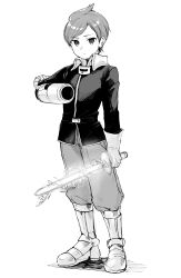 Rule 34 | 1boy, 5saiji, absurdres, arm cannon, boots, claus (mother 3), closed mouth, energy sword, full body, gloves, greyscale, highres, holding, holding sword, holding weapon, jacket, long sleeves, looking at viewer, male focus, masked man (mother 3), military, military uniform, monochrome, mother (game), mother 3, nintendo, pants, simple background, solo, spoilers, standing, sword, uniform, weapon