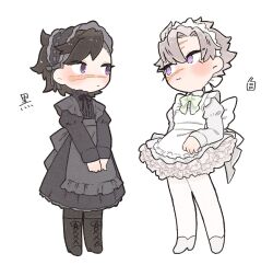 Rule 34 | 2boys, alternate costume, apron, black apron, black dress, black footwear, black hair, black pantyhose, blush, boots, bow, bowtie, brothers, chibi, closed mouth, cross-laced footwear, crossdressing, dress, enmaided, eye contact, frilled apron, frills, frown, full body, grey dress, grey footwear, grey hair, high heels, highres, juliet sleeves, kimetsu no yaiba, knee boots, lace-up boots, long sleeves, looking at another, looking away, maid, maid apron, maid headdress, male focus, mohawk, multiple boys, neck ribbon, own hands together, pantyhose, petticoat, puffy sleeves, purple eyes, ribbon, ribbon-trimmed hairband, ribbon-trimmed headwear, ribbon trim, scar, scar on face, scar on forehead, scar on nose, shinazugawa genya, shinazugawa sanemi, short dress, short hair, siblings, sideways glance, standing, swept bangs, v arms, white apron, white bow, white bowtie, white dress, white pantyhose, zooooo co
