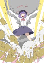 Rule 34 | 1girl, blush, constricted pupils, explosion, female focus, hat, highres, isogai yuuji, long sleeves, nagae iku, open mouth, outstretched arms, puffy sleeves, purple hair, short hair, solo, touhou