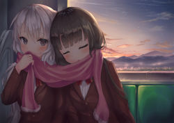 Rule 34 | 2girls, black hair, blush, bow, breasts, closed eyes, commentary request, covering own mouth, grey eyes, hand up, highres, holding, holding clothes, holding scarf, long hair, looking at viewer, multiple girls, open mouth, original, parufeito, pink scarf, scarf, school uniform, shared clothes, shared scarf, sidelocks, sitting, sleeping, small breasts, sunrise, train interior, white hair, window, yuri