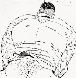 Rule 34 | 1boy, arm hair, ass hair, bara, bottomless, butt crack, clothes lift, dickfish (fishismdick), from behind, hairy, john rottweil (dickfish), male focus, mature male, muscular, muscular male, naked shirt, original, paid reward available, scan, shirt, shirt lift, short hair, sketch, solo, traditional media