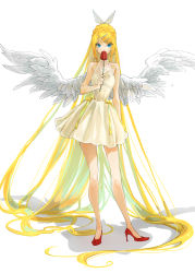 Rule 34 | 1girl, absurdly long hair, aged up, alternate costume, angel, angel wings, blonde hair, blue eyes, bow, covering own mouth, dress, flower, full body, hair bow, hair ornament, hairclip, high heels, highres, holding, holding flower, kagamine rin, long hair, looking at viewer, red flower, red footwear, red rose, rose, shadow, standing, swept bangs, very long hair, vocaloid, white background, white bow, whiteskyash, wings, yellow dress