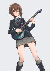 Rule 34 | 1girl, black footwear, black jacket, black necktie, blush, boots, brown eyes, brown hair, carrying, closed mouth, collaboration, commentary request, depayama (depaty), dress shirt, electric guitar, girls und panzer, grey background, grey shirt, grey skirt, grey socks, guitar, instrument, jacket, light blush, long sleeves, looking at viewer, mamu t7s, military, military uniform, miniskirt, music, necktie, niedersachsen military uniform, nishizumi maho, playing instrument, pleated skirt, shirt, short hair, simple background, skirt, smile, socks, solo, standing, uniform, wing collar, zipper