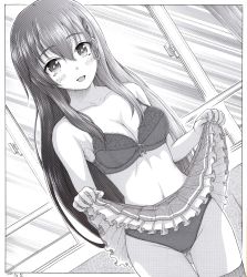 Rule 34 | absurdres, blush, bra, breasts, collarbone, cowboy shot, frills, greyscale, h2 (h20000000), hair between eyes, hair ornament, hairclip, highres, indoors, kantai collection, lifted by self, long hair, medium breasts, monochrome, navel, open mouth, panties, pleated skirt, school uniform, skirt, skirt hold, suzuya (kancolle), thighhighs, underwear, window