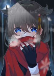 Rule 34 | 1girl, ahoge, backlighting, black gloves, blue eyes, blush, braid, breath, brown hair, commentary request, covered mouth, crossed bangs, enpera, fingerless gloves, gloves, hair between eyes, hair flaps, hair ornament, hand up, highres, kantai collection, kazama gorou, lamppost, long hair, long sleeves, looking at viewer, night, red scarf, scarf, shigure (kancolle), solo, upper body