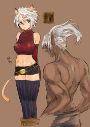 Rule 34 | 00s, 1boy, 1girl, animal ears, arms behind back, back, bare shoulders, belt, black thighhighs, blue eyes, breasts, cat ears, cat girl, cat tail, collage, crop top, dark elf, dark skin, detached sleeves, doraeshi, elf, facial mark, final fantasy, final fantasy xi, highres, large breasts, midriff, mithra (ff11), navel, pointy ears, short hair, short shorts, shorts, sleeveless, sleeveless turtleneck, striped clothes, striped thighhighs, tail, thighhighs, topless male, turtleneck, vertical-striped clothes, vertical-striped thighhighs, white hair, zettai ryouiki