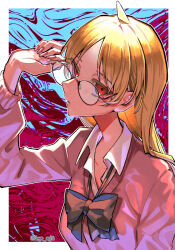 1girl adjusting_eyewear ahoge artist_name bespectacled black-framed_eyewear black_bow black_bowtie blonde_hair bocchi_the_rock! bow bowtie breasts collarbone collared_shirt glasses hand_on_eyewear head_tilt highres ijichi_seika long_hair looking_at_viewer medium_breasts nail_polish parted_lips pink_sweater red_eyes red_nails round_eyewear scripco shirt solo sweater undershirt white_undershirt