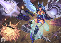 Rule 34 | 00s, 1girl, aerial battle, alternate costume, amputee, android, angel wings, battle, blue hair, breasts, broken, commentary, damaged, dogfight, dual wielding, energy cannon, explosion, forehead protector, headgear, holding, huge weapon, kos-mos, long hair, red eyes, ryu shou, science fiction, solo focus, space, spacecraft, thighhighs, valkyrie, weapon, wings, xenosaga