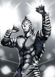 Rule 34 | 1boy, abs, artist request, blank eyes, clenched hands, highres, kinnikuman, kinnikuman zebra, large pectorals, looking at viewer, manly, muscular, pectorals, serious, simple background, smile, solo, standing, wrestling, wrestling mask, wrestling outfit