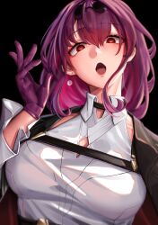 1girl absurdres bad_id bad_pixiv_id black_background black_choker breasts choker commentary_request eyewear_on_head hand_up highres honkai:_star_rail honkai_(series) kafka_(honkai:_star_rail) large_breasts long_hair long_sleeves looking_at_viewer purple_hair pyeong_il red_eyes shirt simple_background solo sunglasses upper_body white_shirt