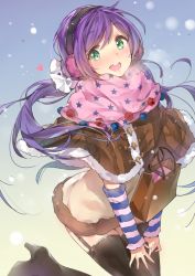 Rule 34 | 10s, 1girl, arm warmers, bad id, bad pixiv id, bag, black thighhighs, blush, earmuffs, garter straps, green eyes, high heels, long hair, looking at viewer, love live!, love live! school idol festival, love live! school idol project, open mouth, purple hair, smile, snow, solo, star (symbol), star print, striped, thighhighs, tojo nozomi, twintails, winter, winter clothes, yuran, zettai ryouiki