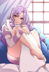 Rule 34 | 1girl, barefoot, drill hair, feet, highres, hugging object, hyakumantenbara salome, knees to chest, kobamiso (kobalt), legs, long hair, long sleeves, looking at viewer, nijisanji, parted bangs, pillow, pillow hug, purple eyes, purple hair, sitting, smile, solo, striped clothes, striped sweater, sweater, toe scrunch, toes, very long hair, virtual youtuber