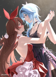 Rule 34 | 2girls, alternate costume, amber (genshin impact), armlet, bare back, bare shoulders, black dress, black headband, blue eyes, blue hair, blush, breasts, brown hair, commentary, dress, earrings, eula (genshin impact), genshin impact, gou d, gradient background, headband, highres, holding hands, jewelry, long hair, looking at another, medium breasts, multiple girls, necklace, red dress, red ribbon, ribbon, yellow eyes, yuri