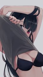 Rule 34 | 1girl, black hair, bra, breasts, cleavage, clothes lift, highres, hiroki (yyqw7151), long hair, looking at viewer, medium breasts, original, red eyes, shirt lift, simple background, solo, standing, underwear, white background
