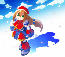 Rule 34 | 1girl, android, belt, beret, breasts, brown hair, capcom, cherry blossoms, cloud, dress, from above, gloves, green eyes, hair between eyes, hat, iris (mega man), large breasts, long hair, looking up, low-tied long hair, mega man (series), mega man x4, mega man x (series), open mouth, sakuraba (cerisier x), shadow, sidelocks, sky, smile, solo, solo focus, white gloves