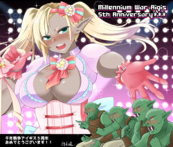 Rule 34 | 1girl, 4boys, :d, alternate costume, alternate hairstyle, anatolia (sennen sensou aigis), anniversary, aqua eyes, armor, bad arm, blonde hair, blush, bow, breasts, cleavage, colored skin, copyright name, dark skin, fangs, gaijin 4koma (meme), gloves, green skin, hair bow, hal (harun), holding, holding microphone, huge breasts, idol, leather armor, looking at viewer, meme, microphone, multiple boys, open mouth, orc, pink bow, pink gloves, pointy ears, red eyes, scar, scar on face, sennen sensou aigis, sitting, smile, standing, translation request, twintails, upper body