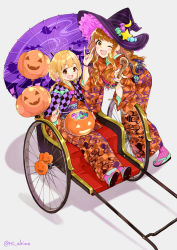 Rule 34 | 2girls, :d, ;d, \n/, ahoge, balloon, black hat, blonde hair, blush, brown eyes, brown hair, candy, checkered clothes, checkered kimono, commentary request, crescent, crescent pin, double n/, earrings, egasumi, food, food-themed hair ornament, full body, futaba anzu, geta, grey background, hair ornament, halloween, hat, hat ornament, holding, holding wand, idolmaster, idolmaster cinderella girls, japanese clothes, jewelry, kimono, leaning forward, long hair, long sleeves, looking at viewer, low twintails, miyabi akino, moroboshi kirari, multiple girls, nail polish, obi, oil-paper umbrella, one eye closed, open mouth, orange kimono, pink legwear, pink nails, pumpkin, rickshaw, sash, sidelocks, simple background, sitting, smile, socks, standing, star (symbol), striped clothes, striped headwear, striped legwear, striped socks, stud earrings, twintails, umbrella, unmoving pattern, vertical-striped clothes, vertical-striped socks, wand, wavy hair, witch, witch hat