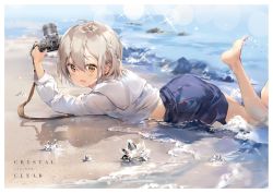 Rule 34 | 1girl, :d, anmi, artist name, bare legs, barefoot, beach, brown eyes, camera, crystal, grey hair, long sleeves, lying, open mouth, original, sand, shirt, skirt, smile, water, wet, wet clothes, white shirt