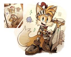 Rule 34 | 1boy, animal ears, armor, blue eyes, brown footwear, child, commentary, full body, furry, gloves, helmet, highres, holding, male focus, mr. needlemouse, nic kenten, no humans, open mouth, simple background, sonic (series), sonic forces: speed battle, sonic the hedgehog, sword, tail, tails (sonic), weapon