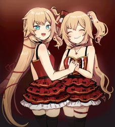 Rule 34 | 2girls, akai haato, akai haato (gothic lolita), aqua eyes, artist name, blonde hair, blush, bow, commentary, dark, dress, dual persona, frilled dress, frills, hair bow, hair ornament, hair ribbon, heart, heart hair ornament, heart necklace, highres, hololive, interlocked fingers, jewelry, looking at viewer, looking back, multiple girls, nail polish, necklace, open mouth, red background, red dress, red nails, ribbon, smile, thigh strap, thighhighs, virtual youtuber, zettai ryouiki