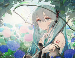 Rule 34 | 1girl, absurdres, bare shoulders, black sleeves, blue eyes, blue flower, blue hair, blue nails, blue necktie, blush, branch, closed mouth, collared shirt, day, detached sleeves, flower, from side, hair between eyes, hand on own arm, hatsune miku, hatsune miku (nt), headset, highres, holding, holding umbrella, long hair, long sleeves, looking at viewer, mihoranran, nail polish, nature, necktie, number tattoo, outdoors, piapro, plant, rain, raised eyebrows, see-through, see-through sleeves, shirt, sidelocks, smile, solo, tattoo, transparent, transparent umbrella, tree, twintails, umbrella, upper body, very long hair, vocaloid, white shirt